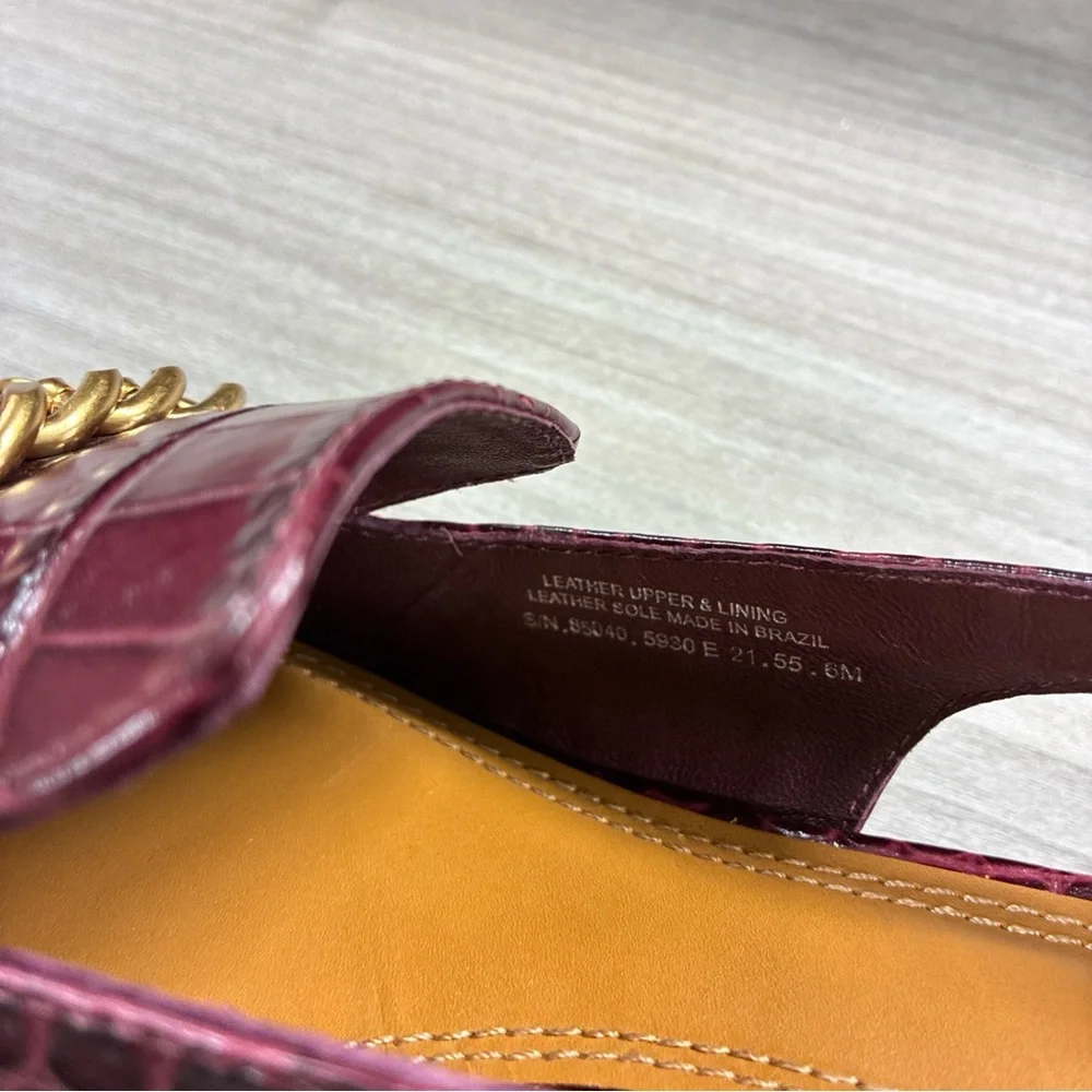 Tory Burch Mini Benton Charm Slingback Loafers, Burgundy Crocodile Embossed Sz 6
